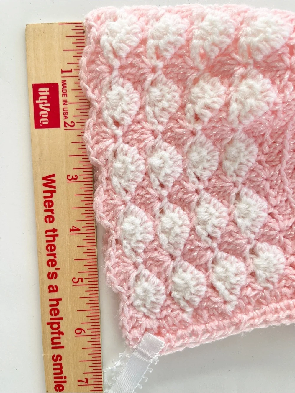 NEW Handmade light Pink & White Crochet Baby Bonnet with Ties newborn 0-3 months